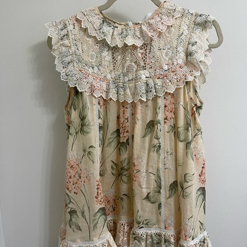 Zimmermann top, light pink with light floral pattern, lace embroidery, size 1